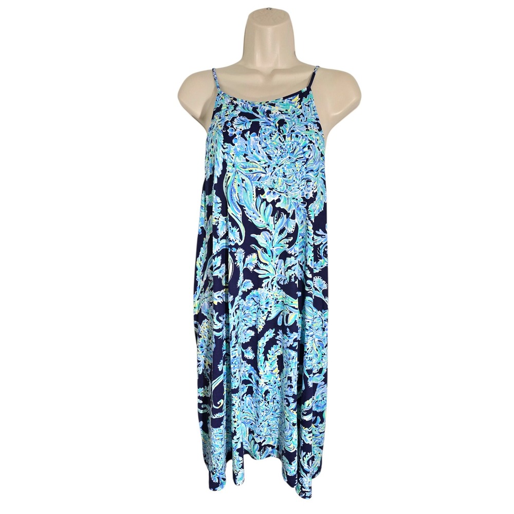 Lilly Pulitzer Blue Green Pima Cotton Tassel Swing Dress XL Tropical Paisley